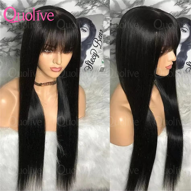 Peluca de cabello humano liso con flequillo para mujeres, pelucas de encaje HD 3x1 de 30 pulgadas, pelucas sin pegamento, cabello humano negro, pelucas hechas a máquina.