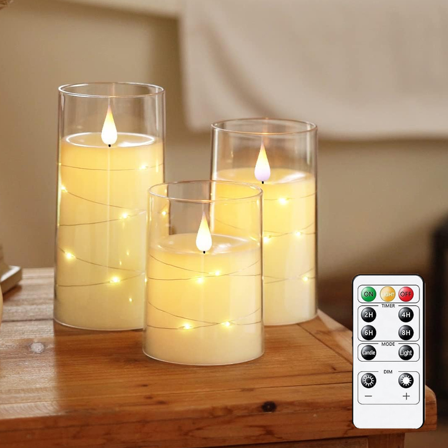 Velas LED sin llama con cadena de estrella integrada, Pilar parpadeante operado por batería, luz de vela con control remoto y temporizador, decoración del hogar