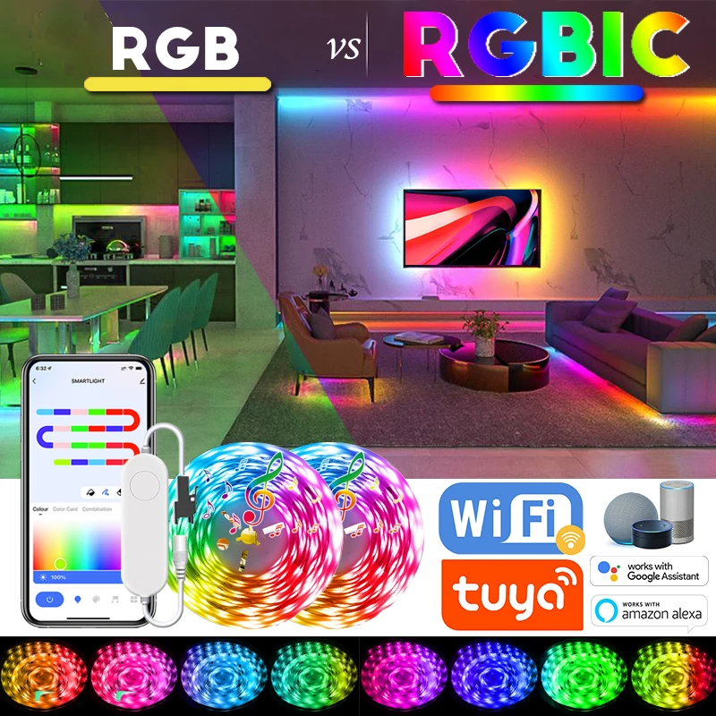 Dreamcolor-Luzes de tira LED com música Sync, Wi-Fi, Tuya, trabalhar com Alexa, 5V, USB, mudança de cor RGB, luz ambiente, 20m