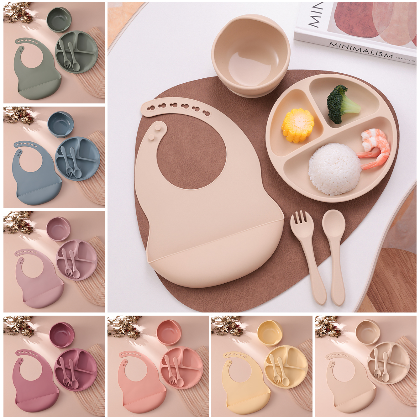 Cor crianças 5 pçs conjunto de alimentação do bebê silicone pratos sucção placa bpa livre otário tigela babador colher garfo treinamento utensílios de mesa presente conjunto