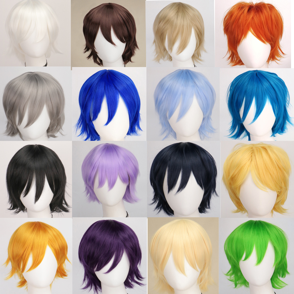 Pelucas sintéticas Unisex de 12 pulgadas, pelo corto para Cosplay, fiesta, blanco, rojo, rosa, Rubio, naranja, amarillo con flequillo, peluca Lolita para hombres y mujeres