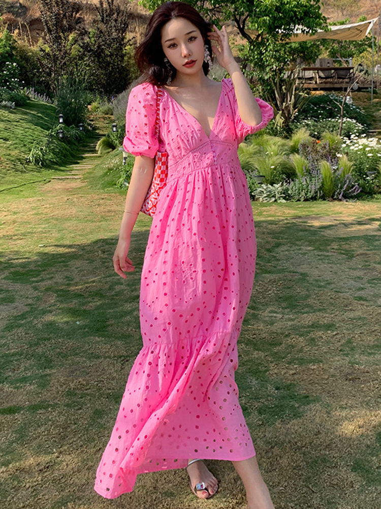 Vestido de noche coreano elegante para Mujer, dulce, informal, calado, Sexy, con escote en V profundo, Maxi, para fiesta y Club, bata de cumpleaños para Mujer