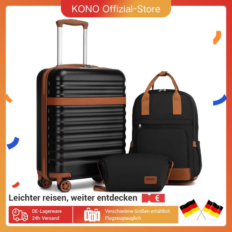 Conjunto de estojo rígido KONO – ABS robusto + capa para PC com trava TSA de 4 rolos, incluída. Mochila de viagem e bolsa de higiene pessoal de 3 peças