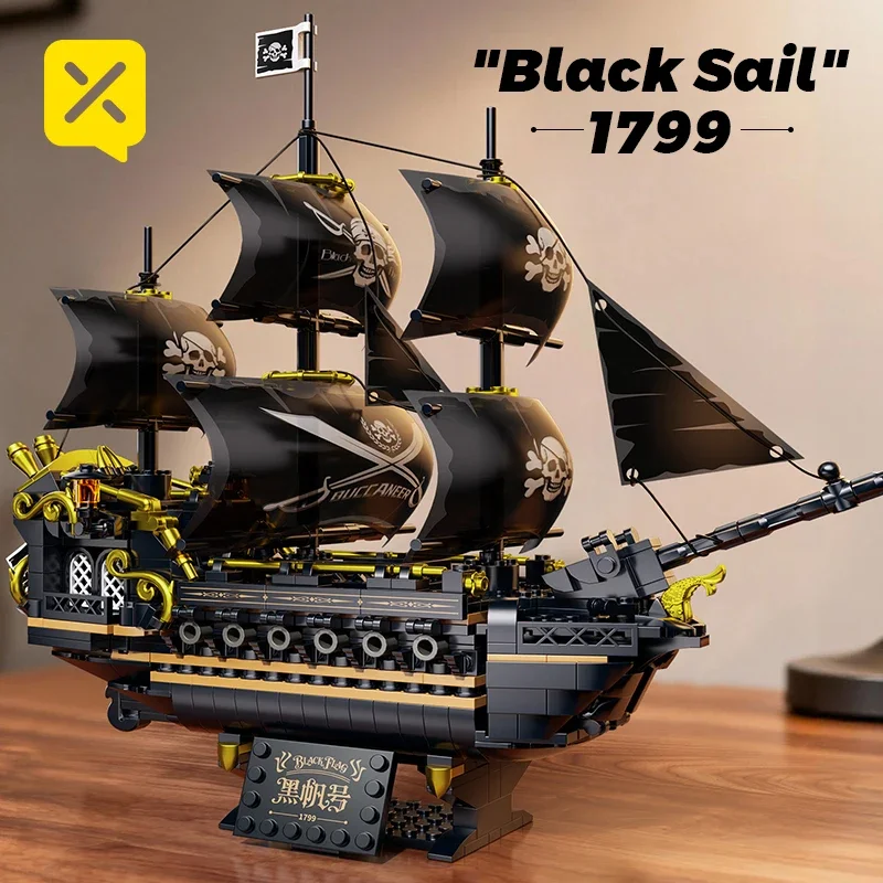 Zwarte Zeil Piratenschip Bouwstenen 3-Masted Zeilboot Bakstenen Volwassen Collectible DIY Assemblage Model Display Decoratie Speelgoed Gift