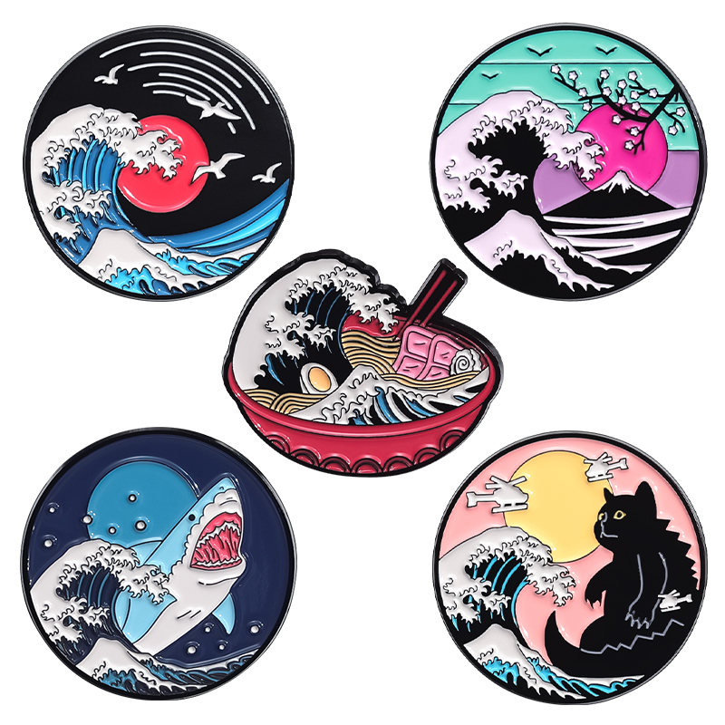 Ukiyo Pin Enamel gelombang gaya kustom kucing hiu Ramen catatan vinil dudukan Fuji bros kerah lencana Aksesori hadiah perhiasan Teman