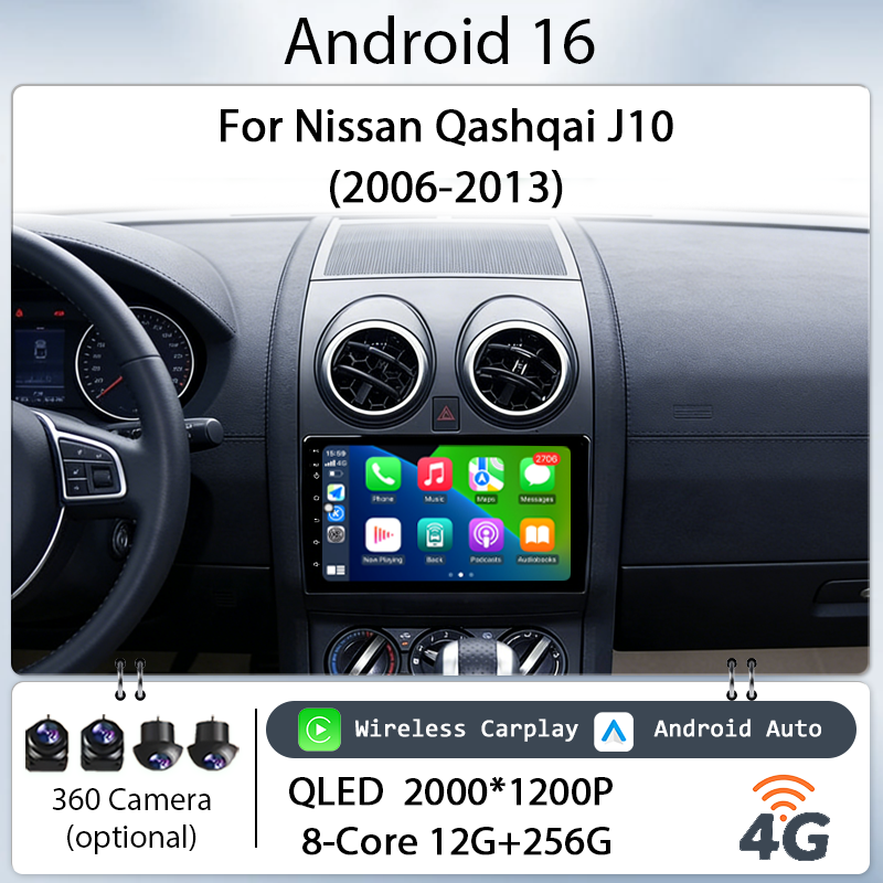 IPS HD 9 "Android 16 dla Nissan Qashqai J10 2006-2013 Radio samochodowe z ekranem dotykowym Odtwarzacz multimedialny Bezprzewodowy CarPlay GPS BT WiFi DSP
