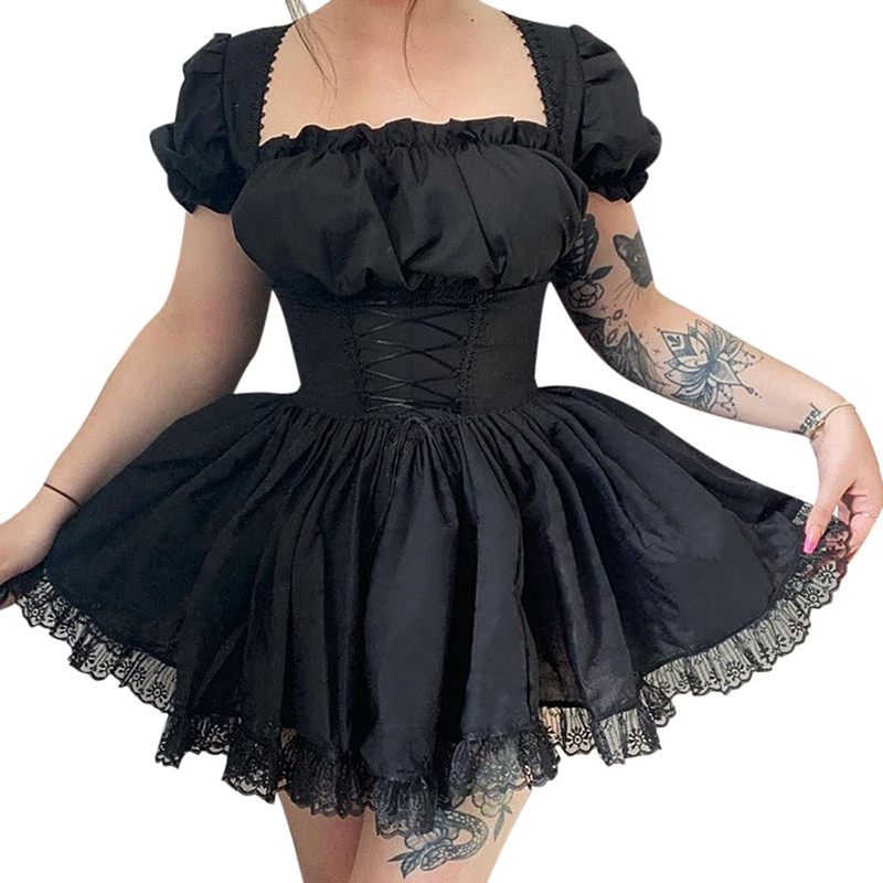Damska słodka sukienka trapezowa z bufiastymi rękawami letnia Fairycore Lolita jednokolorowa bandażowa koronkowa lamówka krótkie sukienki na impreza z okazji Halloween