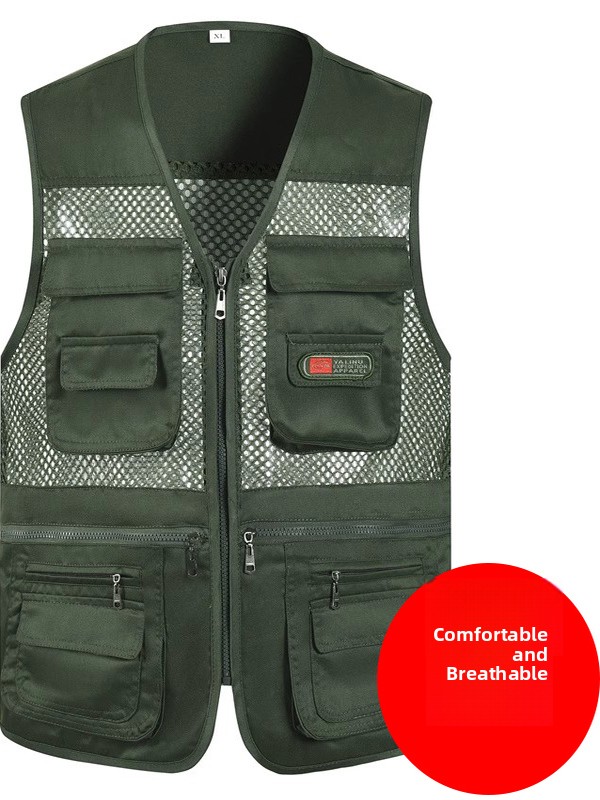 Summer Thin Mesh Vest Climbing Quick Dry Casual Multi Pocket Middle Age Men Photography Fishing V Neck Large Size Shoulder Pad