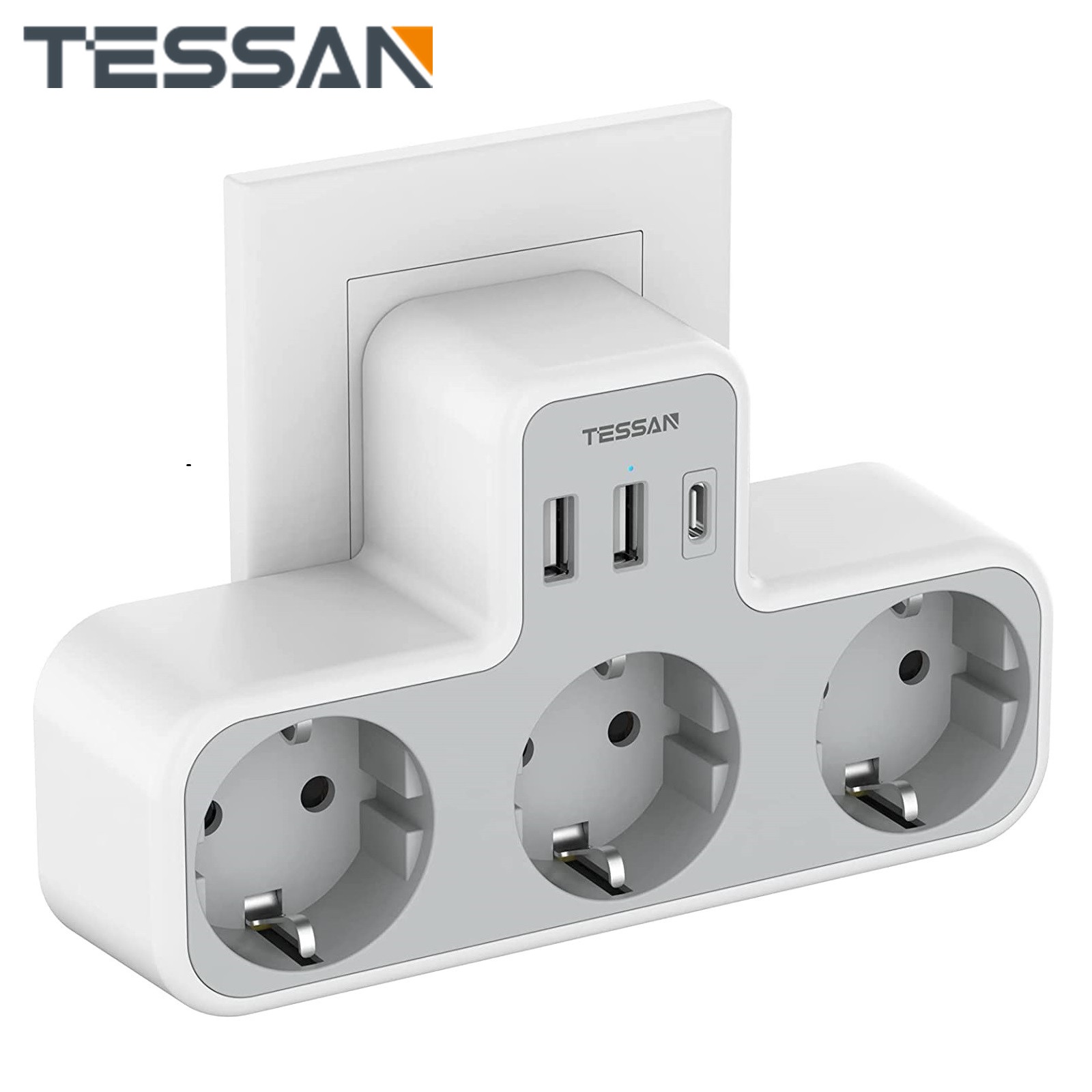 TESSAN EU プラグ電源タップ 3 AC コンセント + 2 USB ポート + 1 タイプ C、6-in-1 プラグソケットアダプター家庭用オフィス用壁充電器
