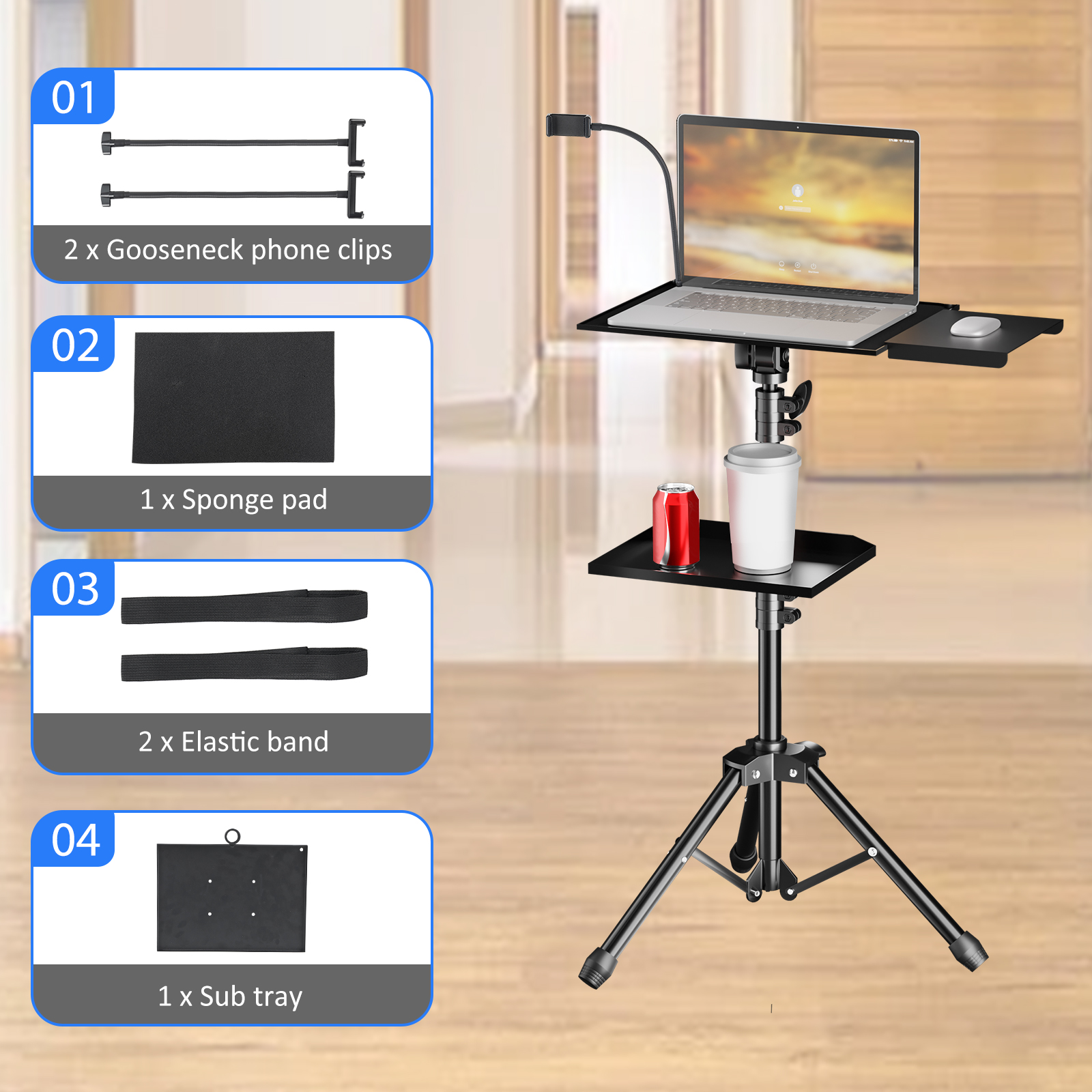 SH-Trépied de budgétaire portable réglable avec plateau, support de sol pour ordinateur portable, recommandé avec clip de tuyau, 90 cm, 125 cm, 145cm