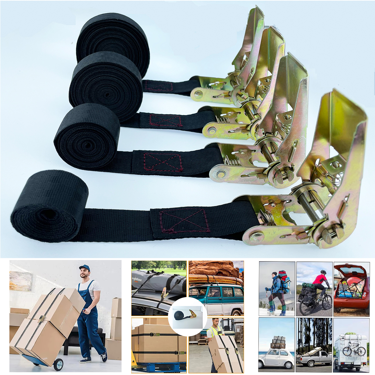 Cinta de Carga com Catraca para Fixação de Cargas em Carros, Apertador de Corda para Transporte de Bagagens e Mercadorias, Ideal para Acampamento ao Ar Livre