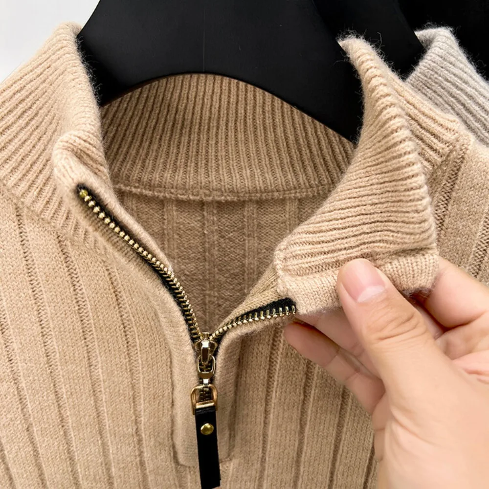 Suéter de invierno con cremallera de un cuarto para hombre, jersey de cuello alto de punto informal ajustado