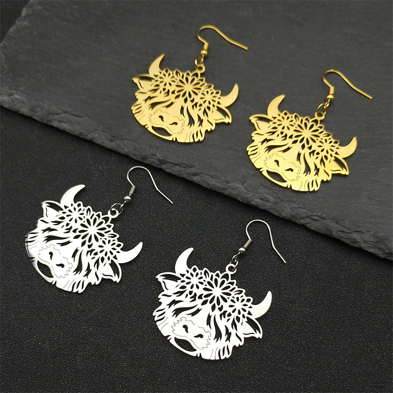 Pendientes bohemios con forma de flor de ganado y vaca para hombre y mujer, aretes de acero inoxidable, Color dorado y plateado, joyería con forma de Animal de becerro y toro