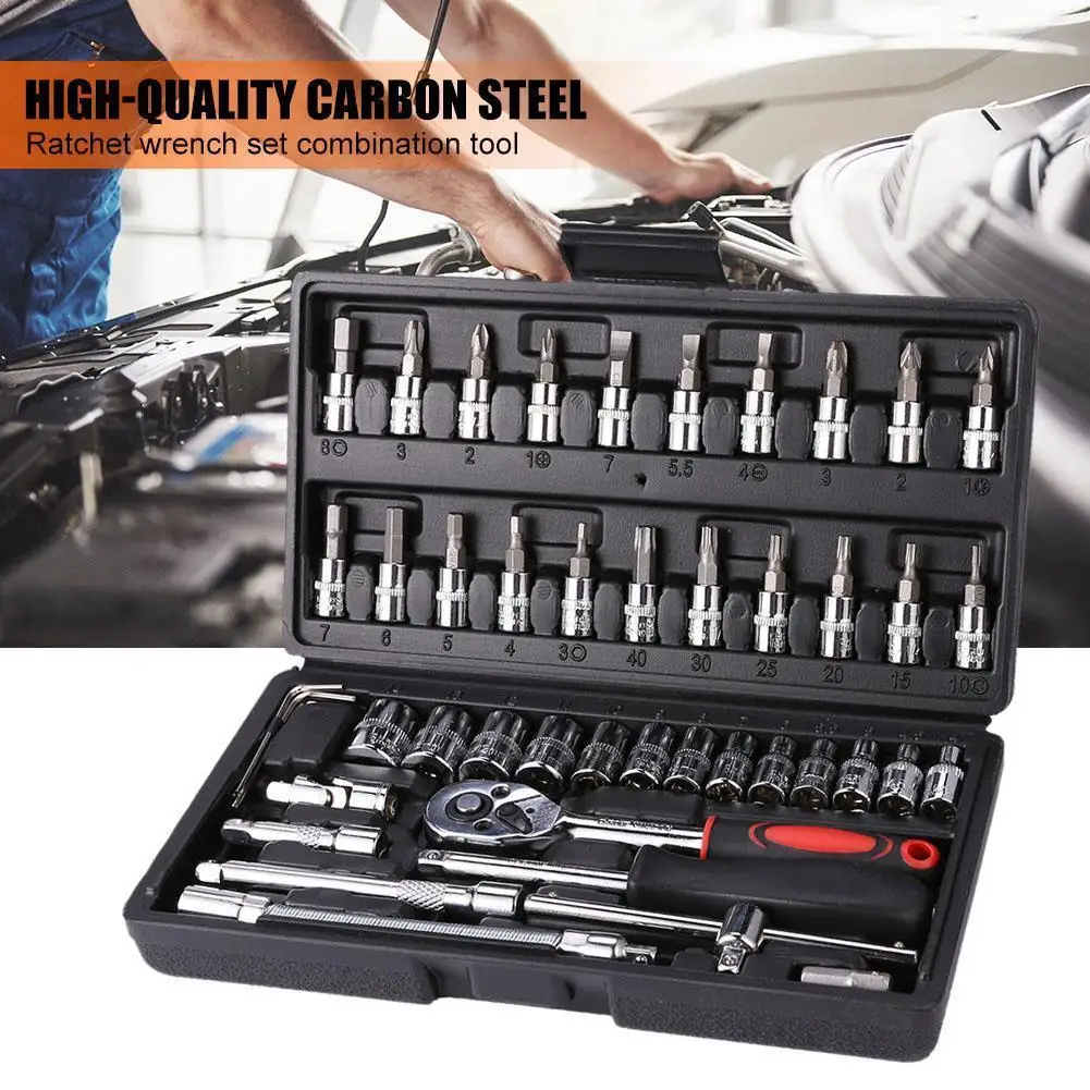 46 chave dos pces 1/4 Polegada conjunto chave de catraca do soquete da unidade, com bocado métrico e barra de extensão para ferramentas de reparo do carro automóvel