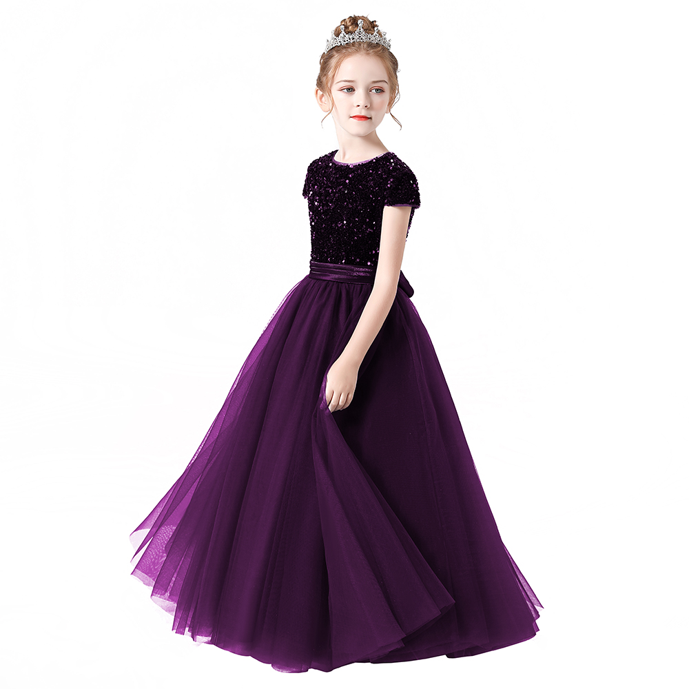 Dideyttawl Sparkly paillettes maniche corte Flower Girl Dresses Tulle Kids Birthday Party Pageant Prom Gown Junior damigella d'onore 3-15 anni fiocco da cintura personalizzabile multicolor di alta qualità