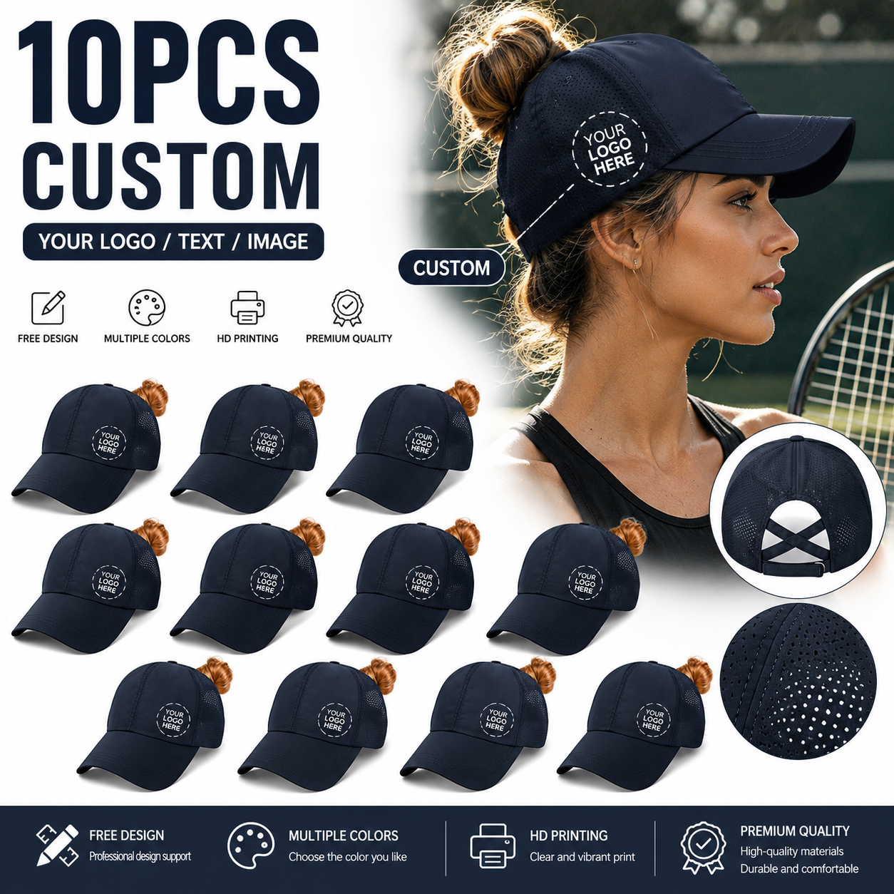 10 Buah Topi Bisbol Jaring Logo/Foto Dapat Disesuaikan Topi Luar Ruangan Trendi yang Dapat Disesuaikan untuk Lari/Mendaki/Petualangan