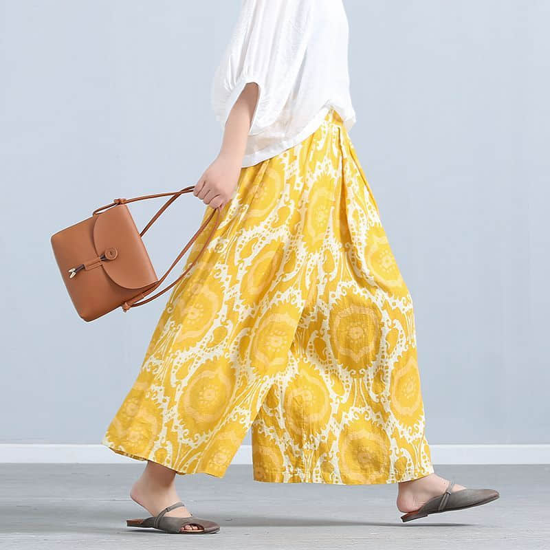 Spodnie z bawełny i lnu Kobiety Elastyczna talia Okrągła kropka Oversized Spodnie z szerokimi nogawkami Casualowe luźne spodnie Baggy Spodnie w stylu koreańskim Vintage