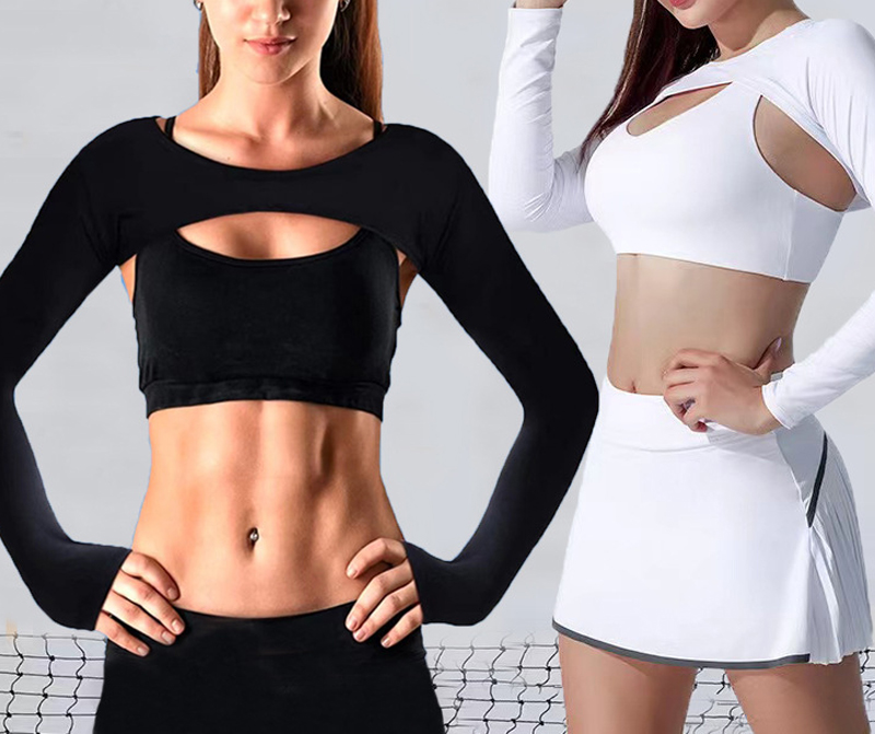Ultra-fino sexy feminino manga longa braço mangas ginásio treino colheita topo aberto frente treino camisas cortadas para fitness esportes encolher de ombros