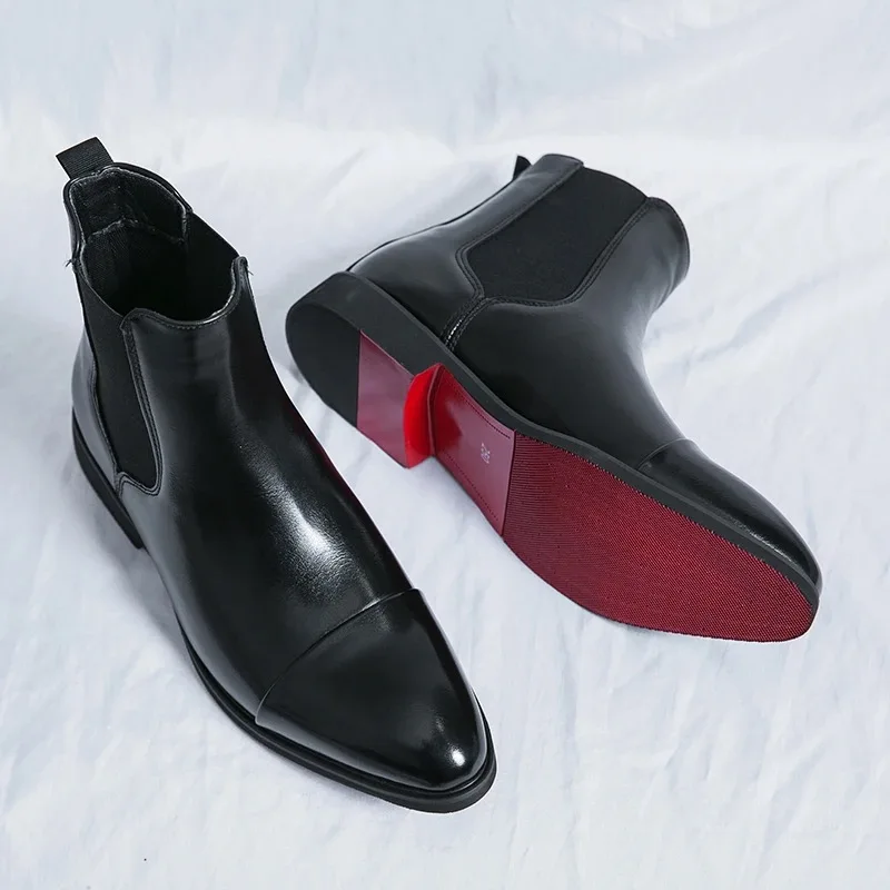 Botas de hombre, Botas de cuero de marca de lujo, Botas altas Chelsea a la moda, Botas de vestir de negocios para hombre, Botas tobilleras sin cordones, talla grande 47