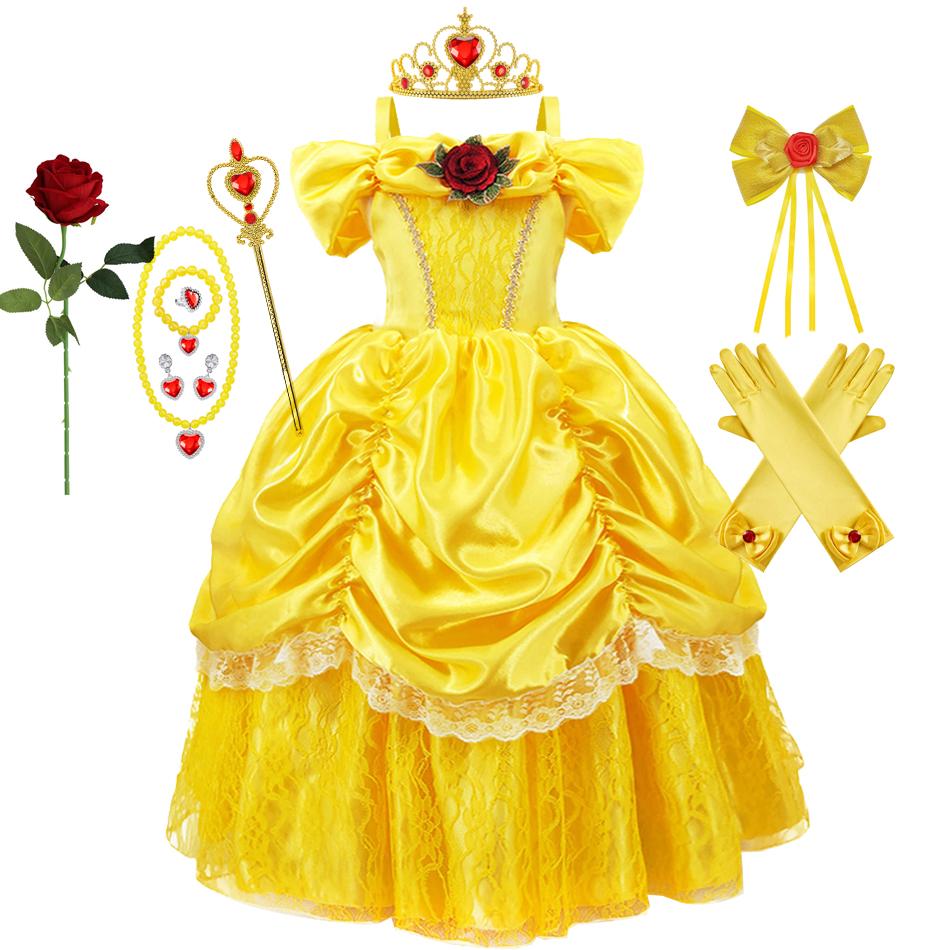 Vestido de Princesa Belle para Meninas, Vestido Amarelo para Festa, Manga Bufante, Corpete Franzido, Bainha de Renda, Vestido de Princesa para Crianças, Festa de Halloween e Cosplay
