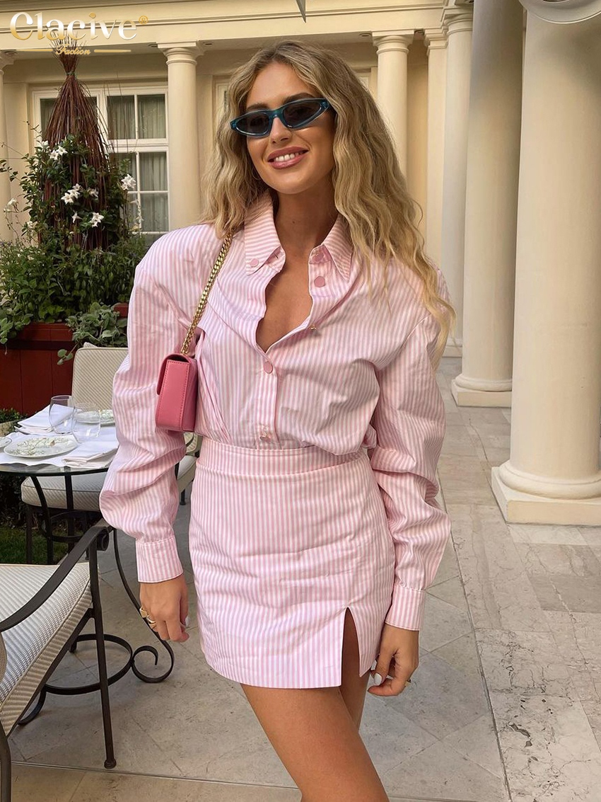 Clacive Fashion różowy pasek zestawy dwuczęściowe damskie Outifits jesienne seksowne koszule z długim rękawem dopasowane wysokiej talii Mini komplety spódniczek