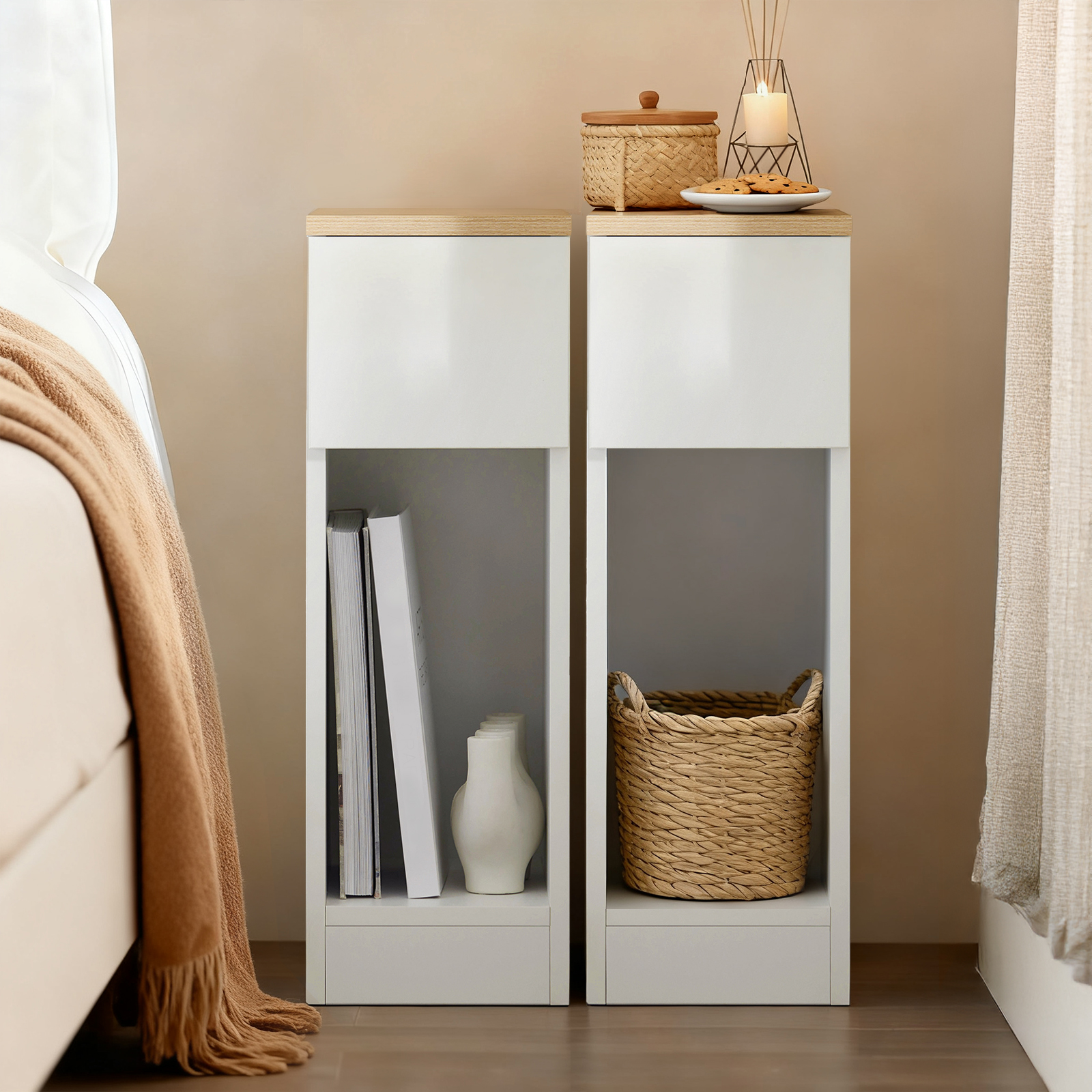 SoBuy FBT111x2 Zestaw 2 szuflad nocnych z szufladą do łóżka z materacem sprężynowym, stolik do sofy, 2 sztuki, stolik boczny, wąska szafka nocna