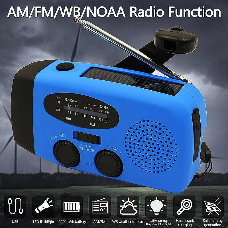 2000mAh Rechargeable Portable Radio Solar Hand Crank Emergency Radio Survival Weather Radio FM USB Charging Battery Operated