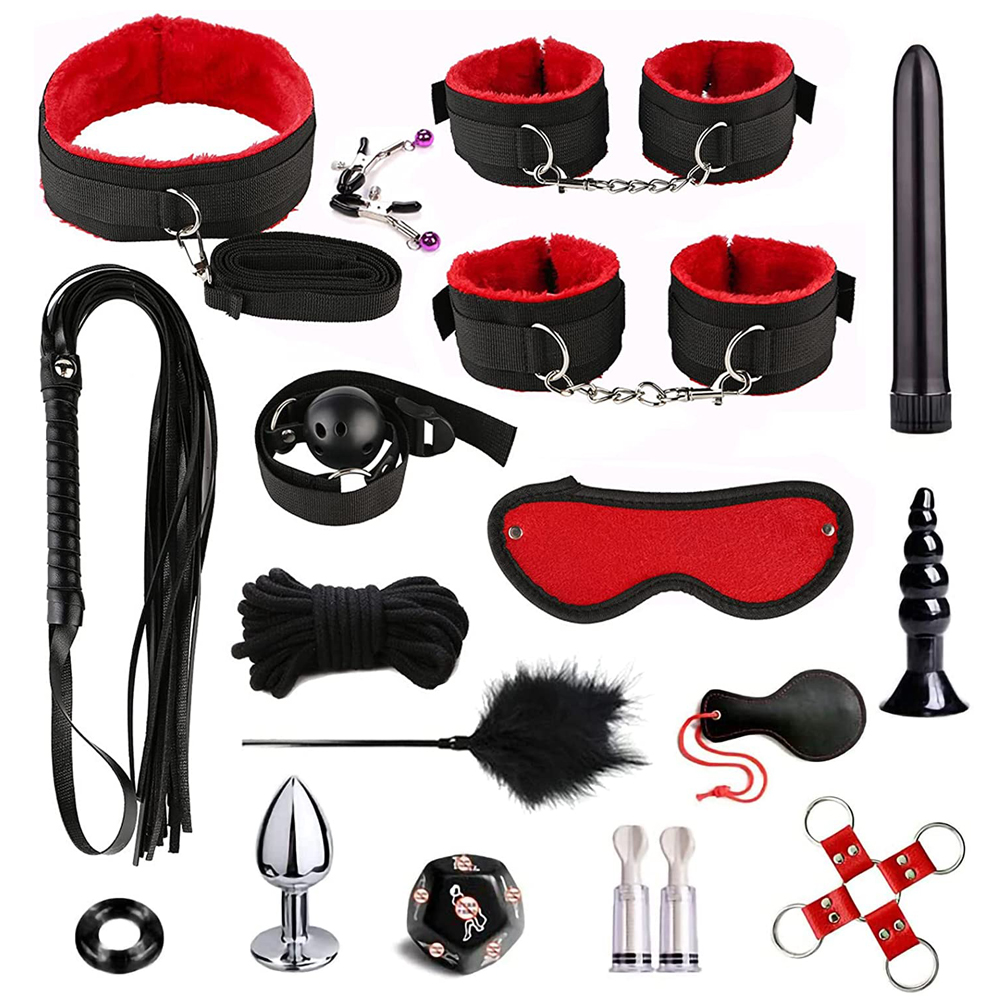 BDSM sex toys for man women and couples，sex bondage set with Handcuffs Ankle Cuff Collar Blindfold Whip Rope Nipple Clamps Paddle，Adult Silicone Anal Dildo and SM games