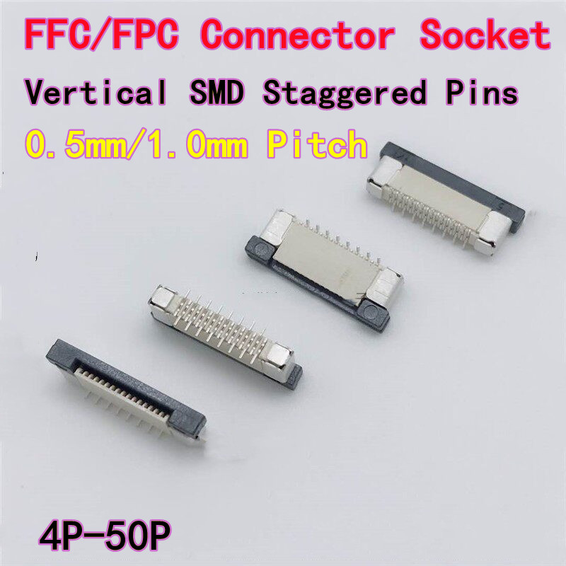 Connecteur FFC/FPC, pas de 0,5 mm et 1,0 mm, type de verrouillage vertical SMD, broches escalonpées, 6P/8~50P, 10 pièces
