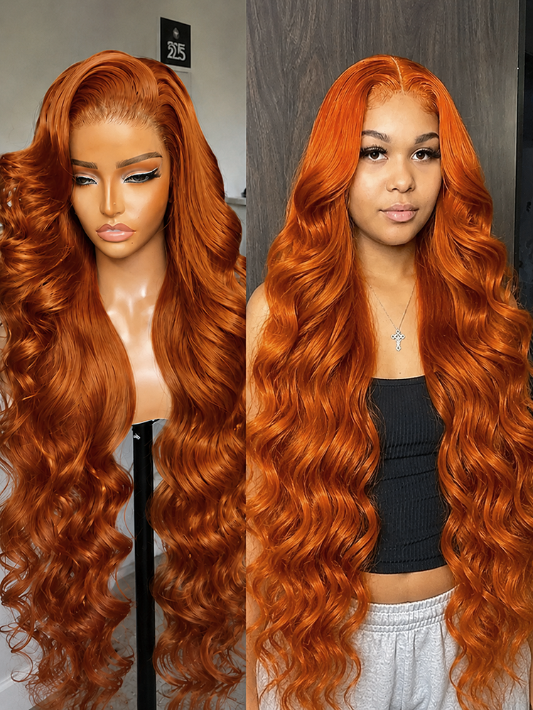 Peruca Frontal de Renda HD Transparente 13x4 com Cabelo Humano Ondulado Laranja Gengibre 250% de Densidade # Cabelo Humano Brasileiro Colorido Natural 350