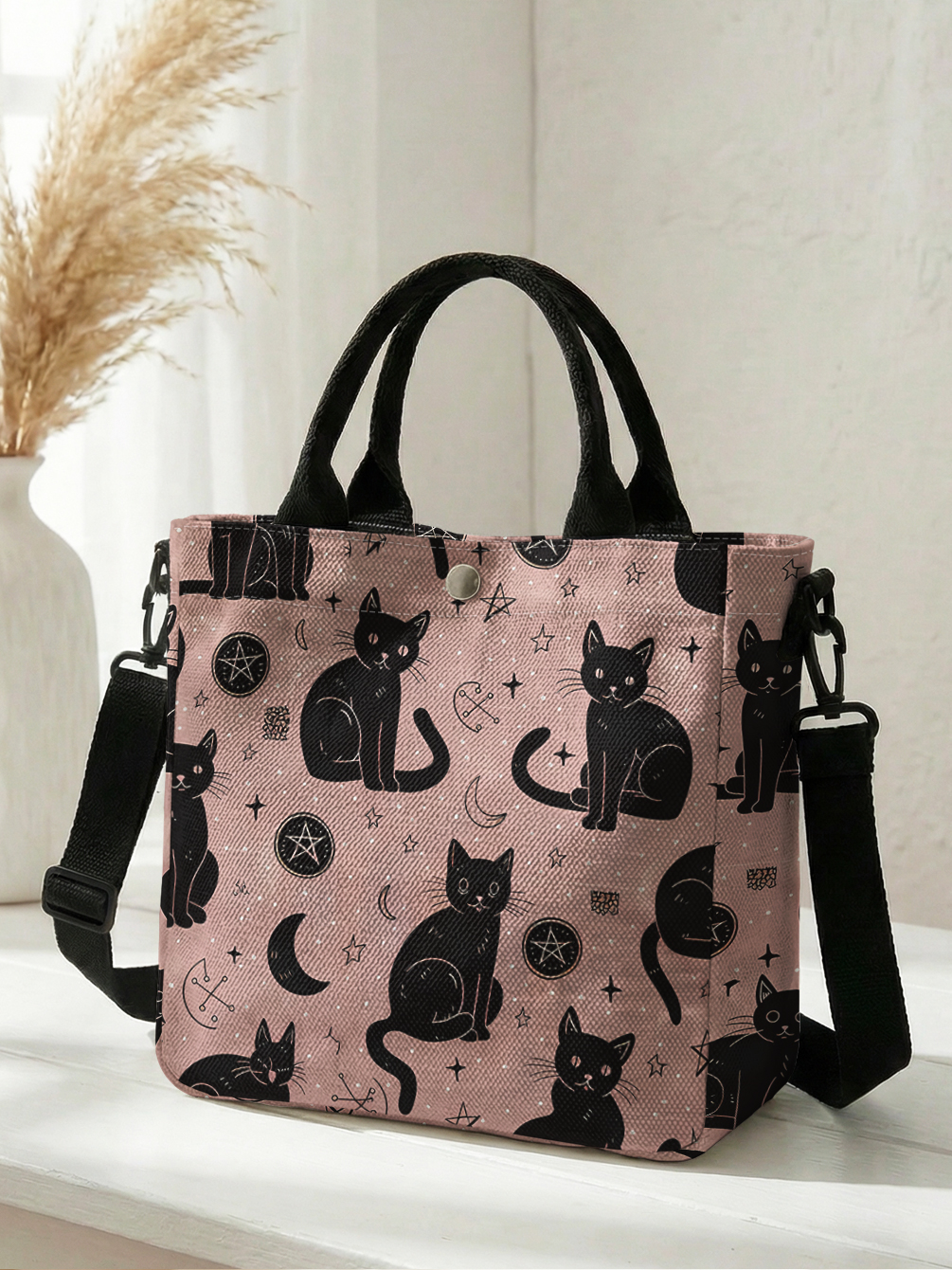 Witchy Black Cat Moon Star Print Roze canvas draagtas Afneembare riem Crossbody handtas voor dames Dagelijks winkelen