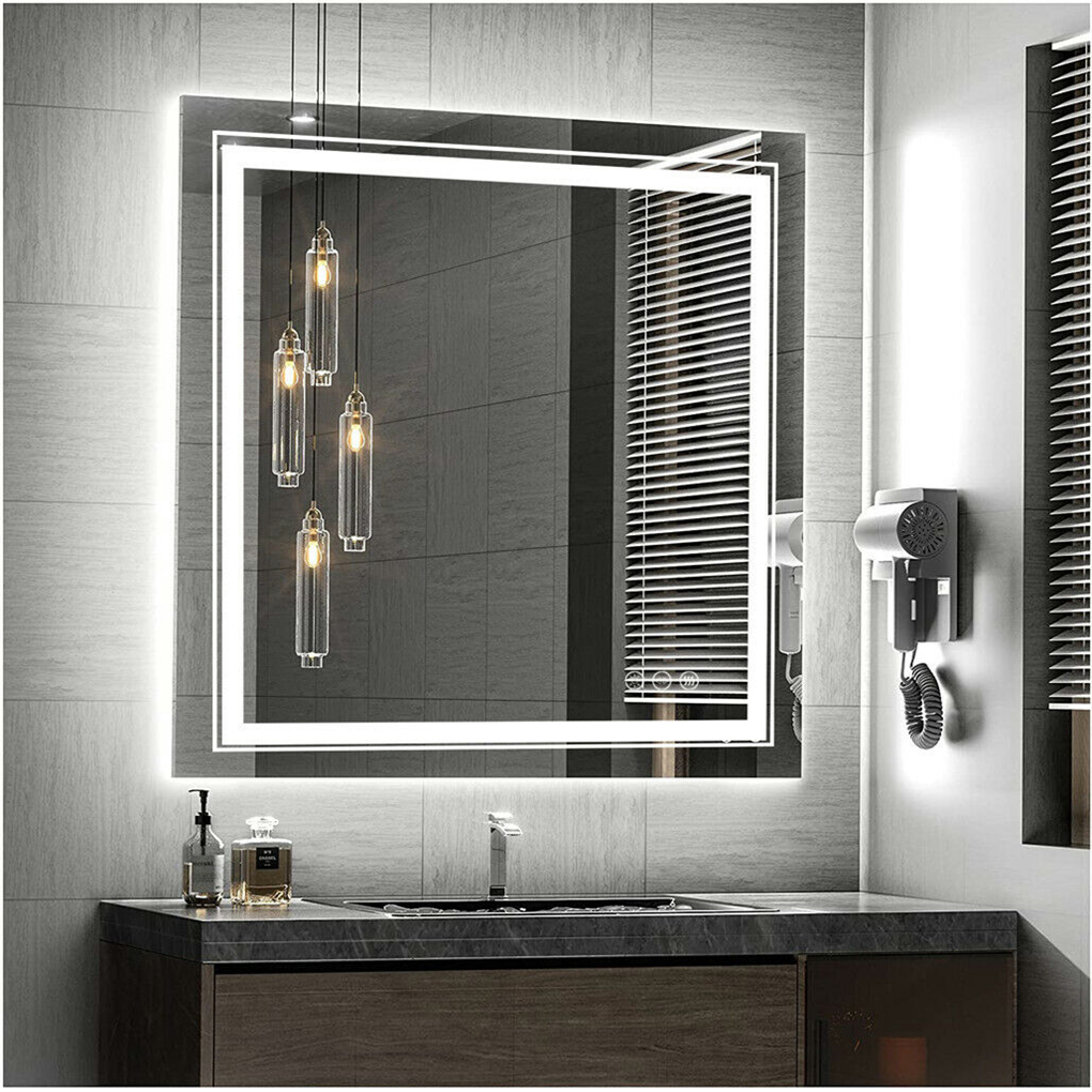 Specchio da bagno LED intelligente dimmerabile, grande specchio da trucco quadrato antiappannamento, doppia luce, interruttore tattile disappannante, 32", 36"