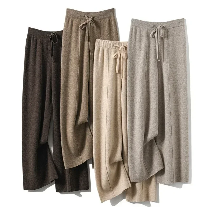 Outono e inverno feminino cintura alta, quente, malha perna larga, calças de perna reta, cor sólida, pendurado, solto, calças de perna larga