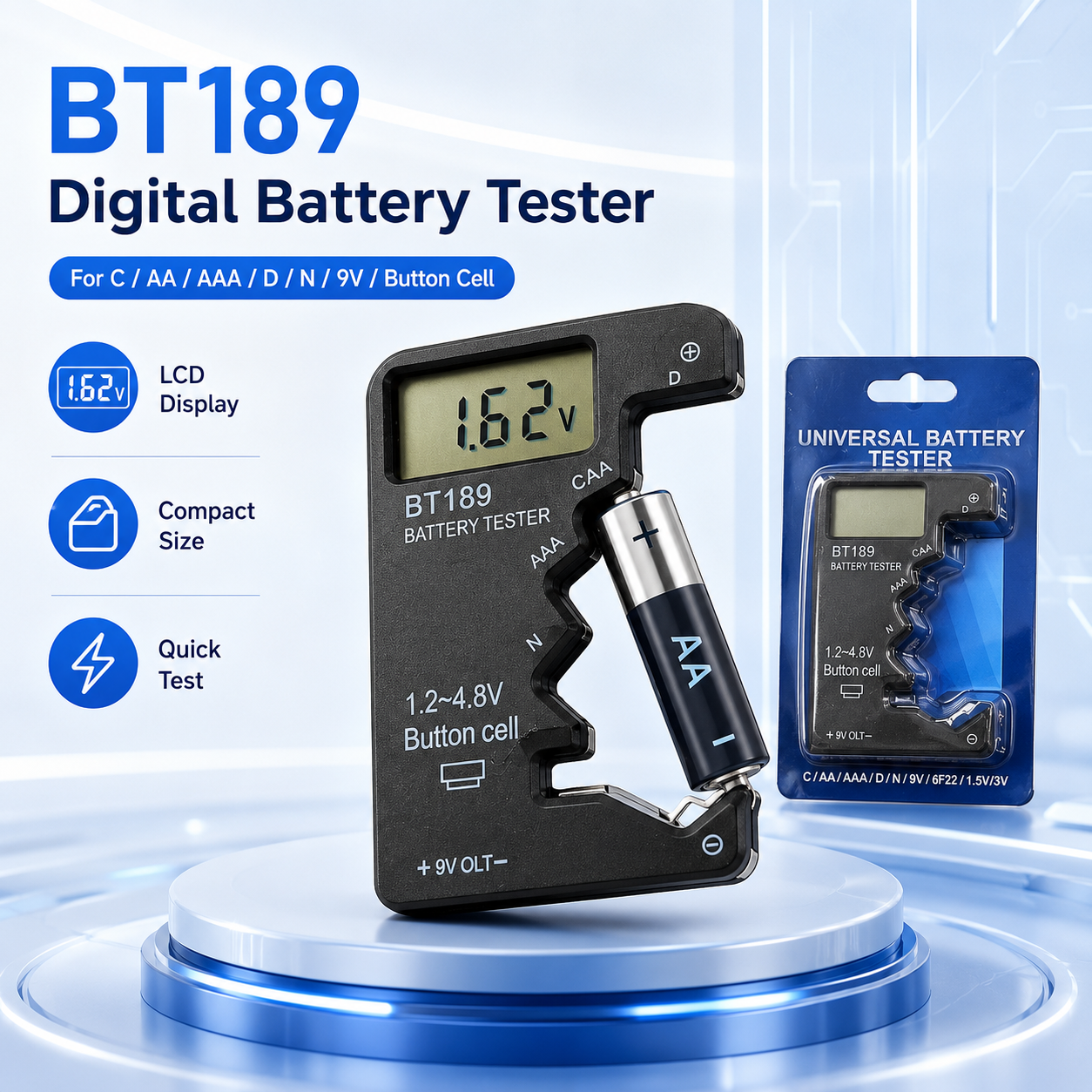 BT189 เครื่องทดสอบแบตเตอรี่ดิจิตอล LCD เครื่องตรวจสอบแรงดันไฟฟ้าสำหรับ AA AAA C D 9V แบตเตอรี่แบบปุ่ม เครื่องมือวัดพลังงานแบบพกพาในครัวเรือน เครื่องวิเคราะห์