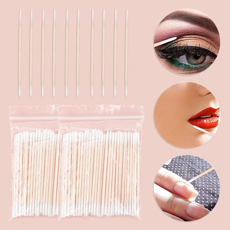 100 pçs cotonete de algodão descartável ultra-pequeno escova micro pincéis de maquiagem de madeira sem fiapos extensão de cílios cola remoção make uptools