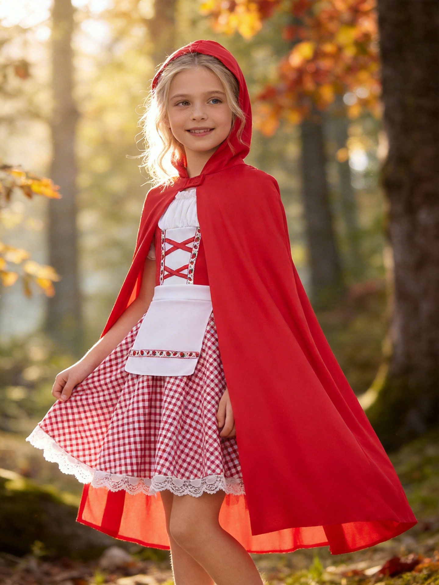 Disfraz de Caperucita Roja para Niñas, Traje de Halloween, Capa con Capucha Roja, Vestido de Encaje a Cuadros con Fresas, Disfraz de Cuento de Hadas