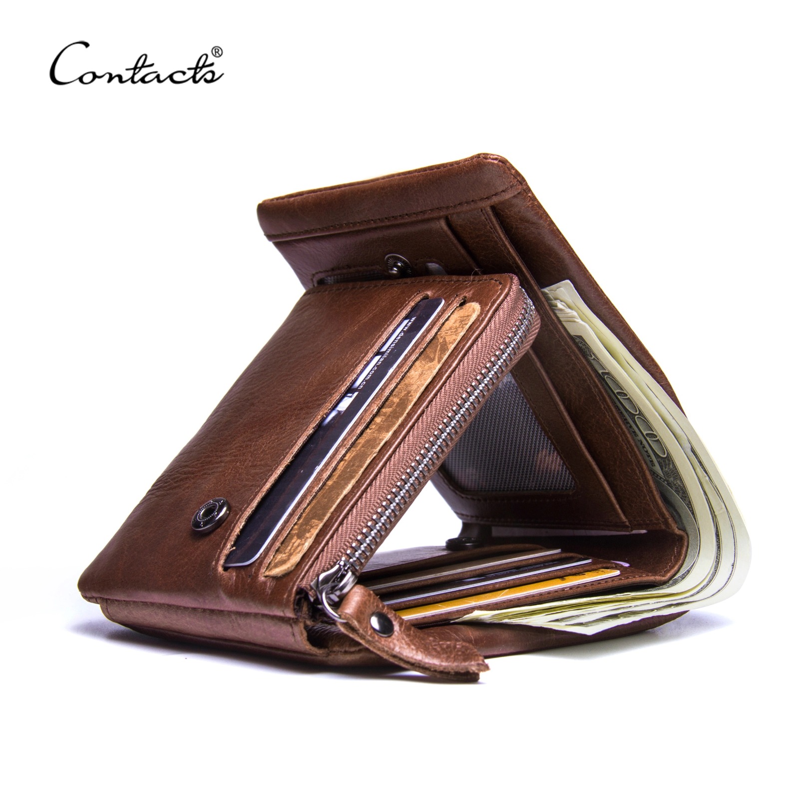 ติดต่อของกระเป๋าสตางค์ผู้ชายหนังแท้ Vintage Trifold Hasp กระเป๋าสตางค์ซิปกระเป๋าถือเหรียญคลิปเงินกระเป๋าสตางค์ผู้ชาย