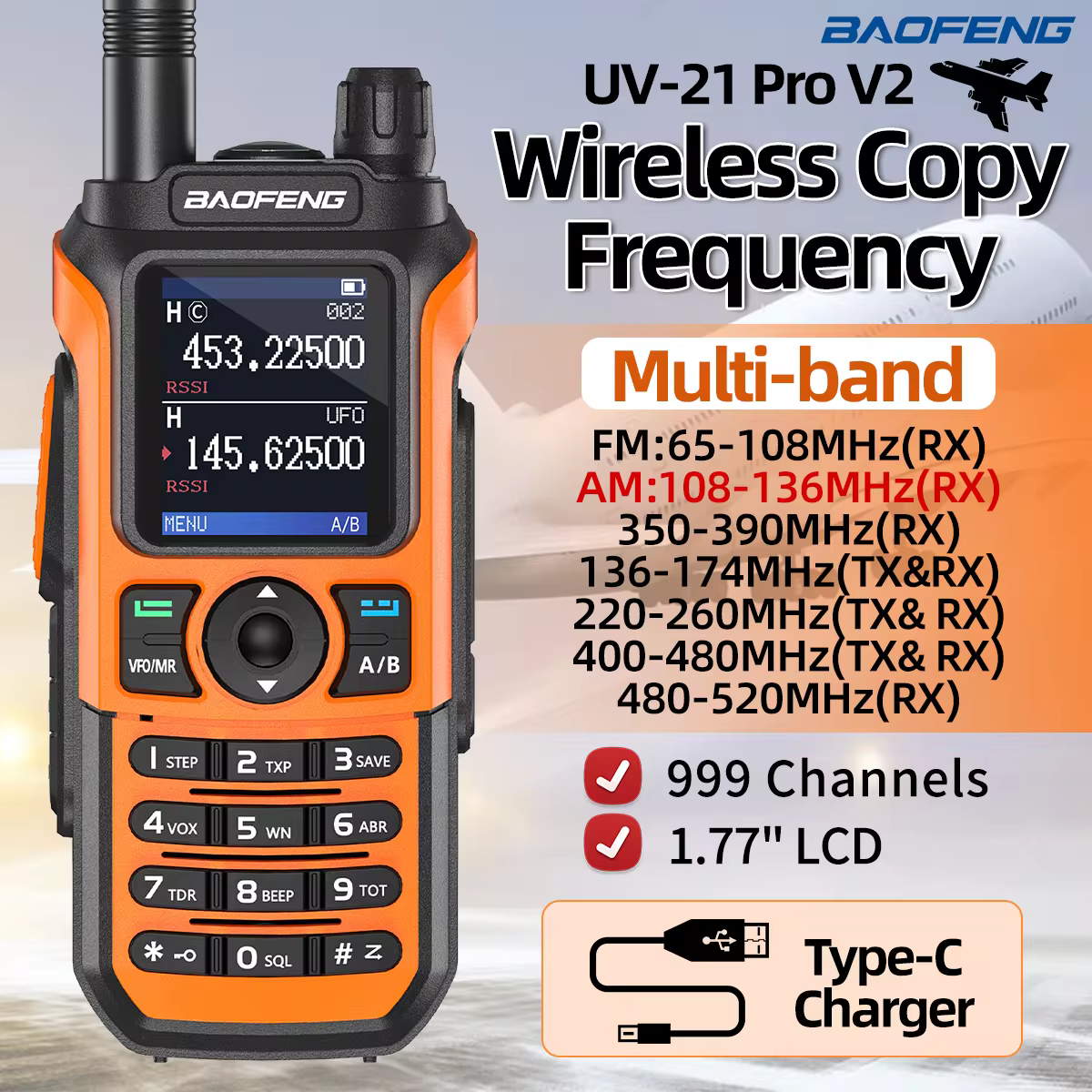 BaoFeng UV-21 Pro V2 Frecuencia de copia inalámbrica tipo C Walkie Talkie alta potencia actualización de largo alcance UV-5R Radioaficionado
