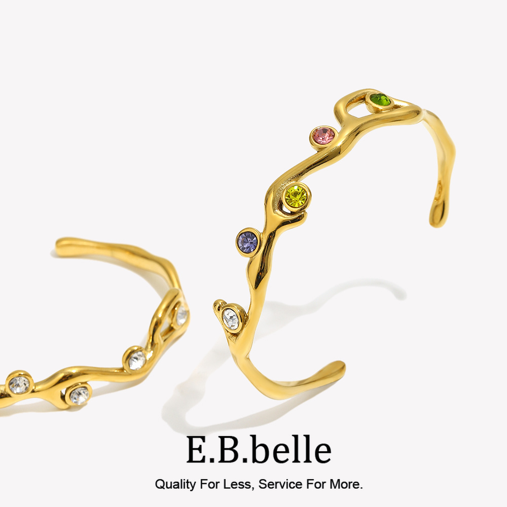 E.B.belle Pulsera abierta con forma de rama de planta, brazalete de diamantes de imitación colorido, acero inoxidable chapado en oro de 18 quilates para mujer, hipoalergénico