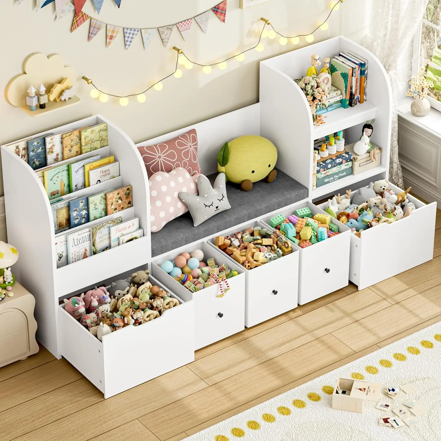 71” Toy Organizers and Storage with Seat Cushion, Kids Bookshelf with Reading Nook and 2 Movable Drawers & 3 Fabric Toy Chests,