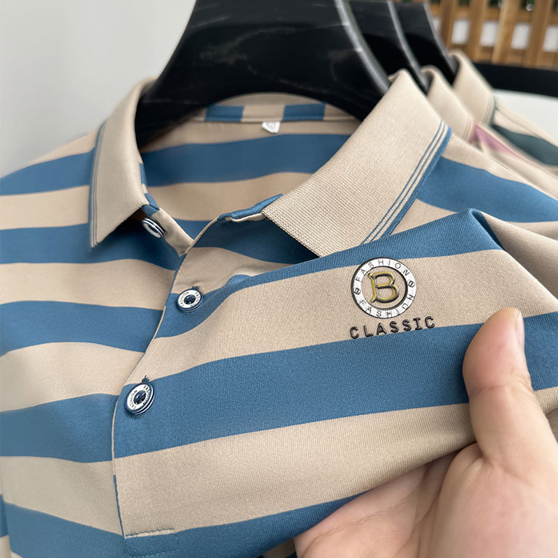 Quality Man Summer Hot Short-Sleeved Polo Shirt Letter Print Stripe Lapel Button British Style T-Shirt Fashion Leisure Mens Wear
