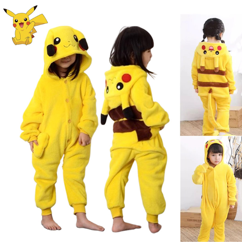 Pokemon Pikachu pakaian tidur anak perempuan, flanel hangat musim gugur & Musim Dingin lembut Onesie Cosplay hewan piyama bertudung orang tua