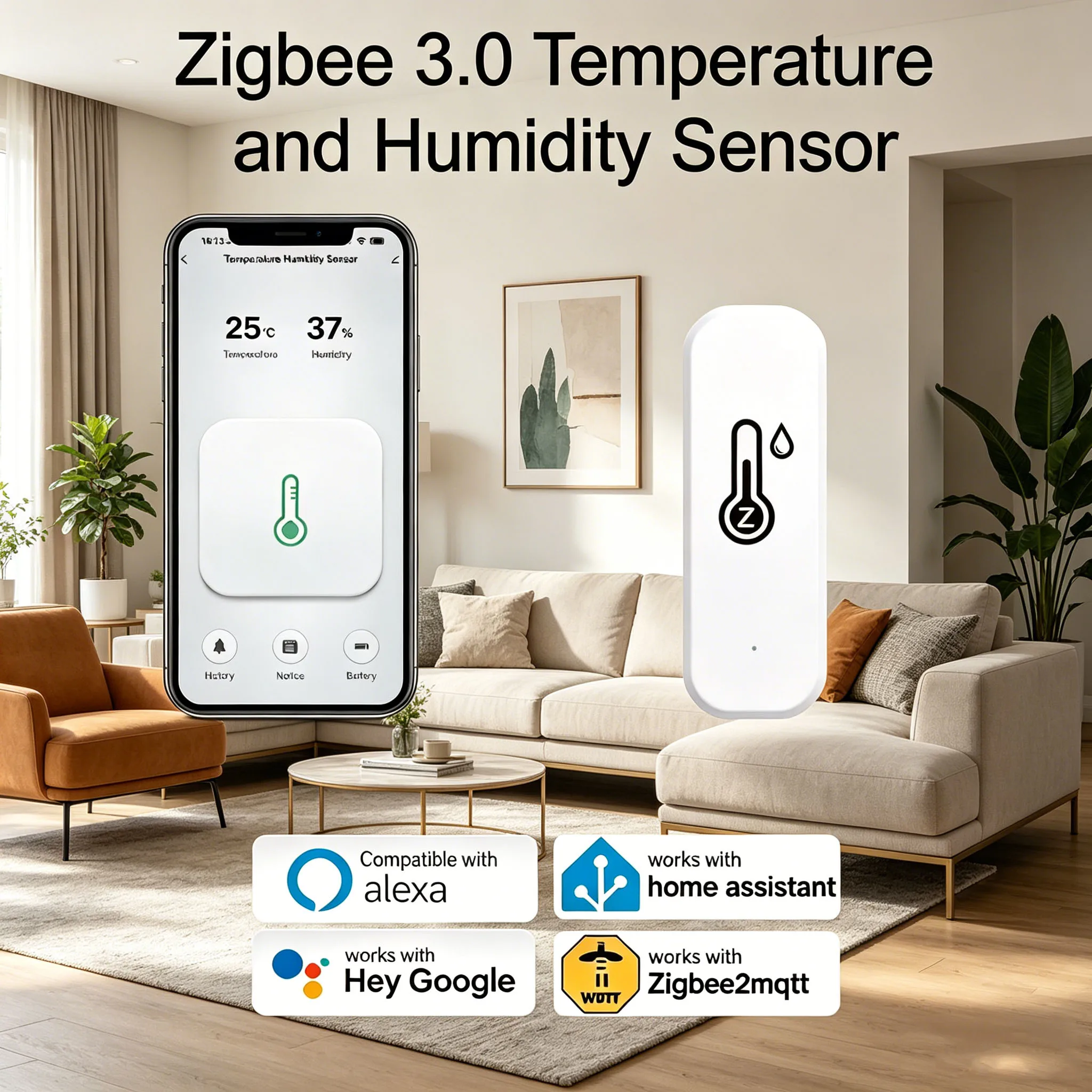 เซ็นเซอร์วัดอุณหภูมิและความชื้นอัจฉริยะ ZigBee พร้อมการแจ้งเตือนผ่านแอป  เครื่องวัดอุณหภูมิและความชื้นในอาคารอัจฉริยะ ใช้งานร่วมกับ Alexa และ Google Assistant
