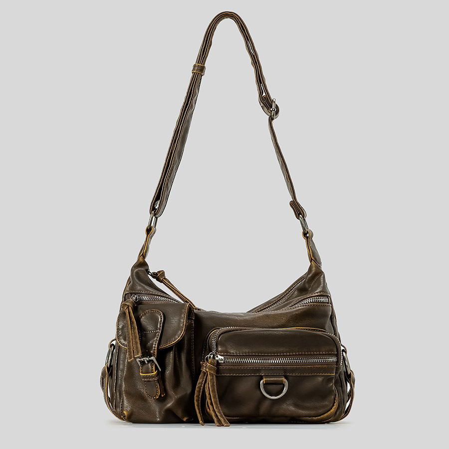 Vintage Multiple Pockets Women Shoulder Bags Luxury Washed Pu Leather Crossbody Bag Retro Motorcycle Bag Y2K Sac for Girls 2024