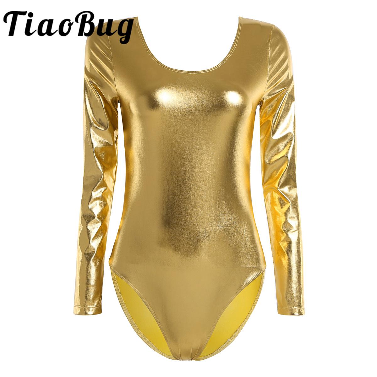 Body metálico brillante para mujer, manga larga, cuello redondo, Ballet, danza, gimnasia, leotardo, Catsuit, fiesta Rave, baile en barra, ropa para discoteca