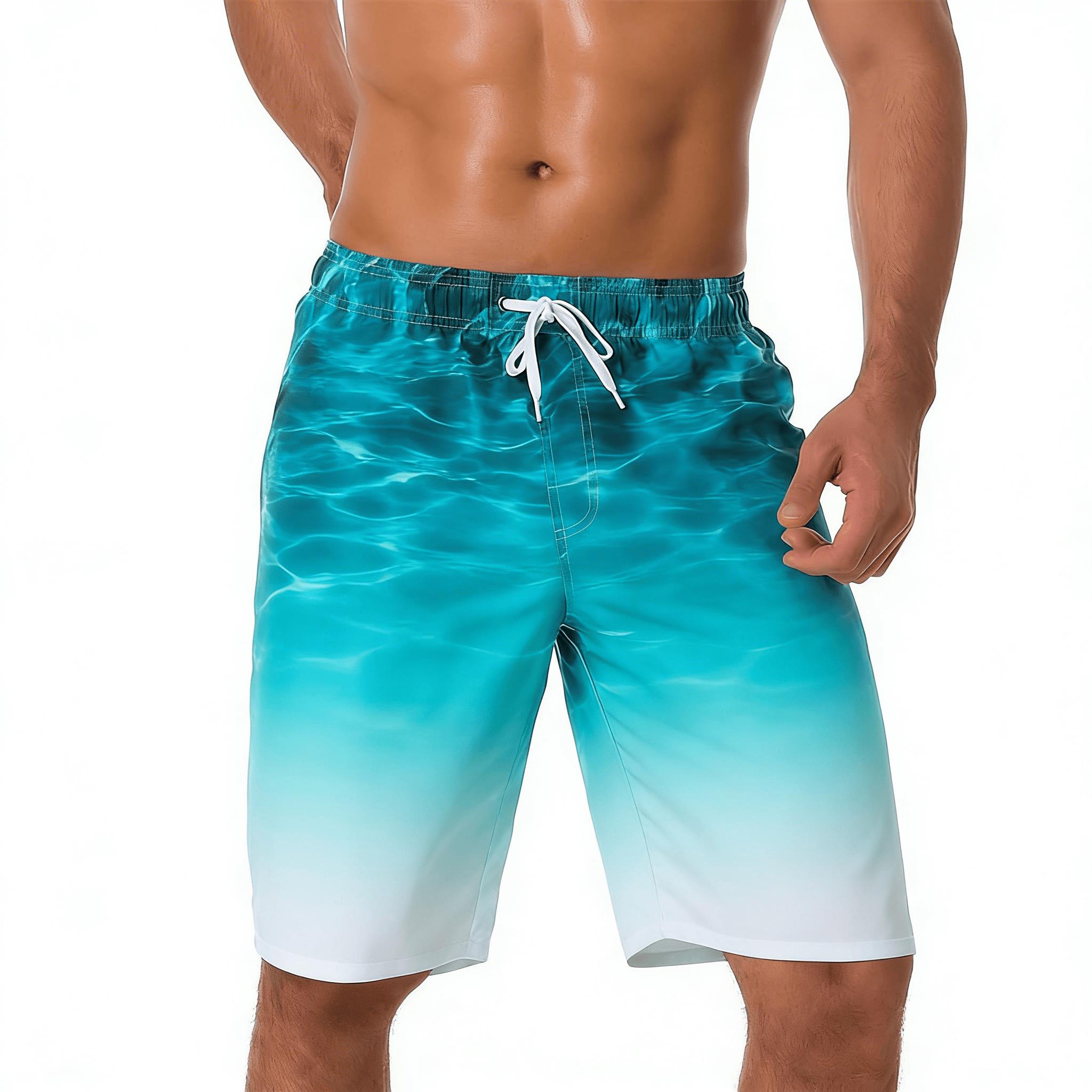 Men's Cyan Gradient Water Ripple Print Drawstring Shorts, Spring Summer Fresh Beach Casual Shorts, Pocket Beach Shorts