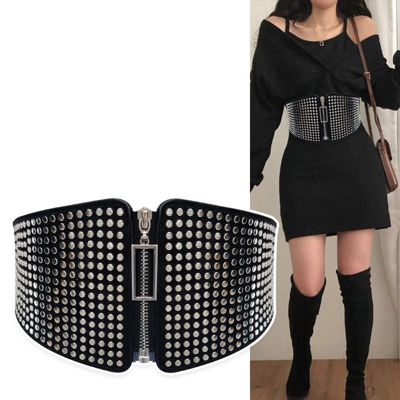 Cinturón de corsé elástico ancho con incrustaciones de remaches Punk para mujer, cinturón gótico de talla grande, fajas elásticas, cinturones grandes de diseñador para mujer