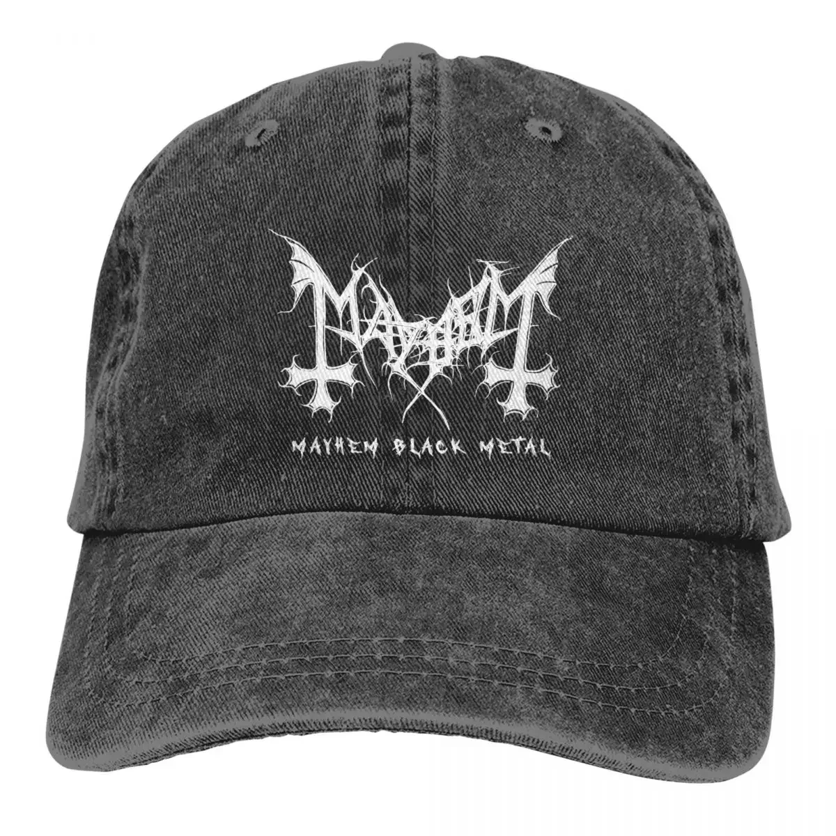 MAYHEM หมวกเบสบอลสีดำสำหรับผู้ชายผู้หญิงหมวกแจ็คเก็ตยีนส์ขาดหมวกหมวกสำหรับกลางแจ้งวิ่งกอล์ฟ
