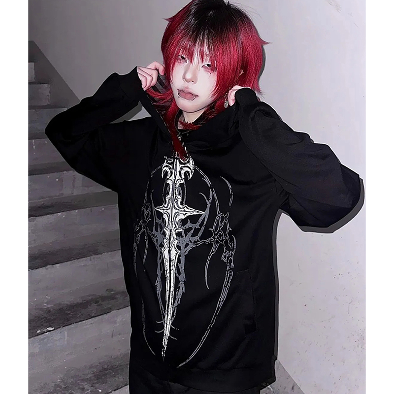 Damska bluza z kapturem w stylu Harajuku Y2K, z długim rękawem, gotycka, czarna kurtka na Halloween, punkowa, luźna, wiosenno-jesienna odzież uliczna.