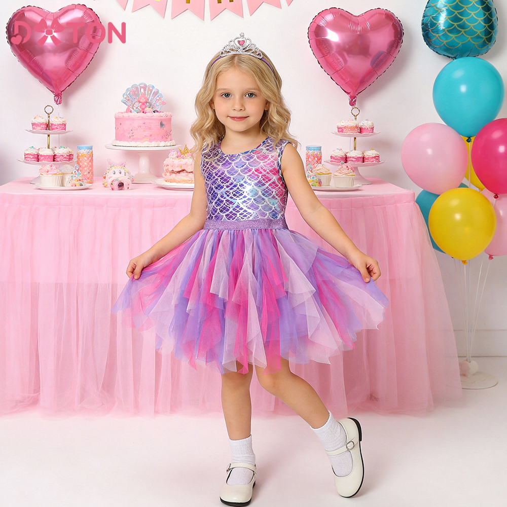 Dxton verão vestidos sem mangas para meninas tule irregular crianças vestido de princesa sereia festa de formatura criança crianças trajes 3-12y